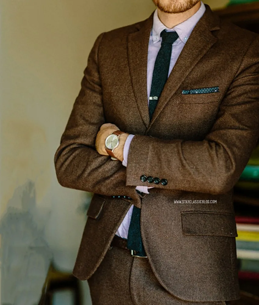 KIDS 5 PIECE FORMAL BROWN TWEED SUIT WEDDING PROM ITALIAN STYLE HERRINGBONE
