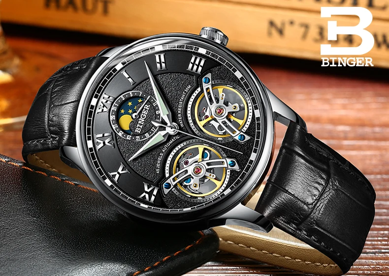 Двойной турбийон швейцарские бренды часы Бингер оригинальные мужские автоматические часы самоходные Модные мужские механические наручные часы