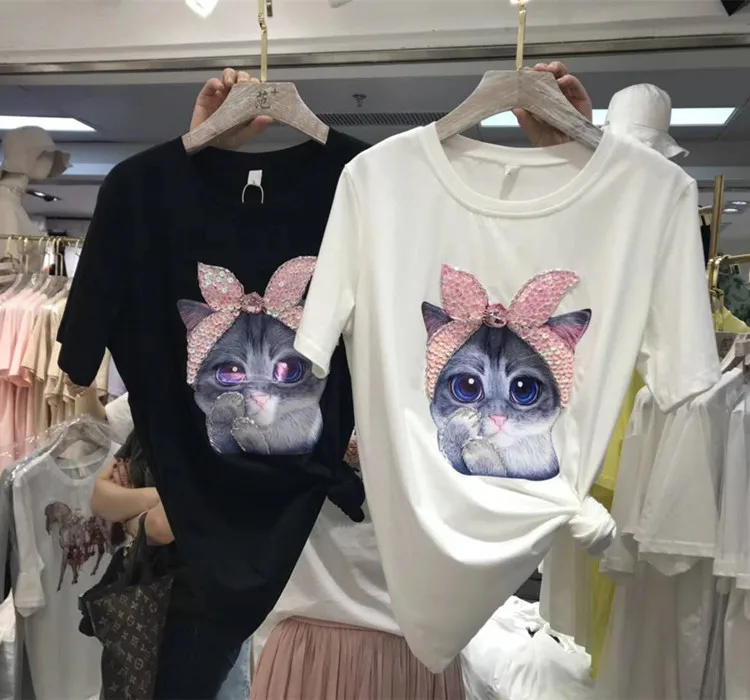 

Real Shot Summer Women Cotton Tops Cats Printing Sequins Beads Students T-shirts All-match Loose Female Pullovers White