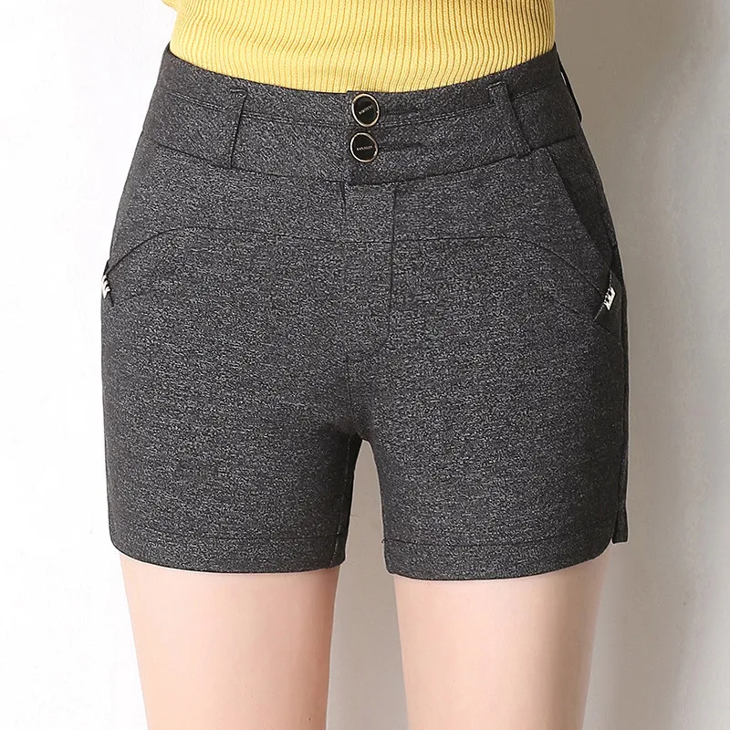 2018 Spring Grey Shorts Women Solid Button High Wasit Shorts Fashion