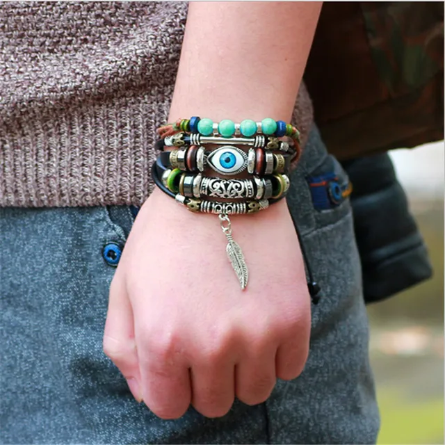 Punk Style Leather Bracelet Ethnic Multilayer Black Adjule Wrap Punk Style Leather Bracelet Ethnic Multilayer Black Adjule Wrap Evil Eye Feather Charm Fine Turkish