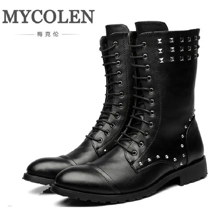

MYCOLEN Trend Boots Men High Military Combat Boots Metal Rivet Punk Male Motorcycle Boots Lace Up Men's Shoes Rock