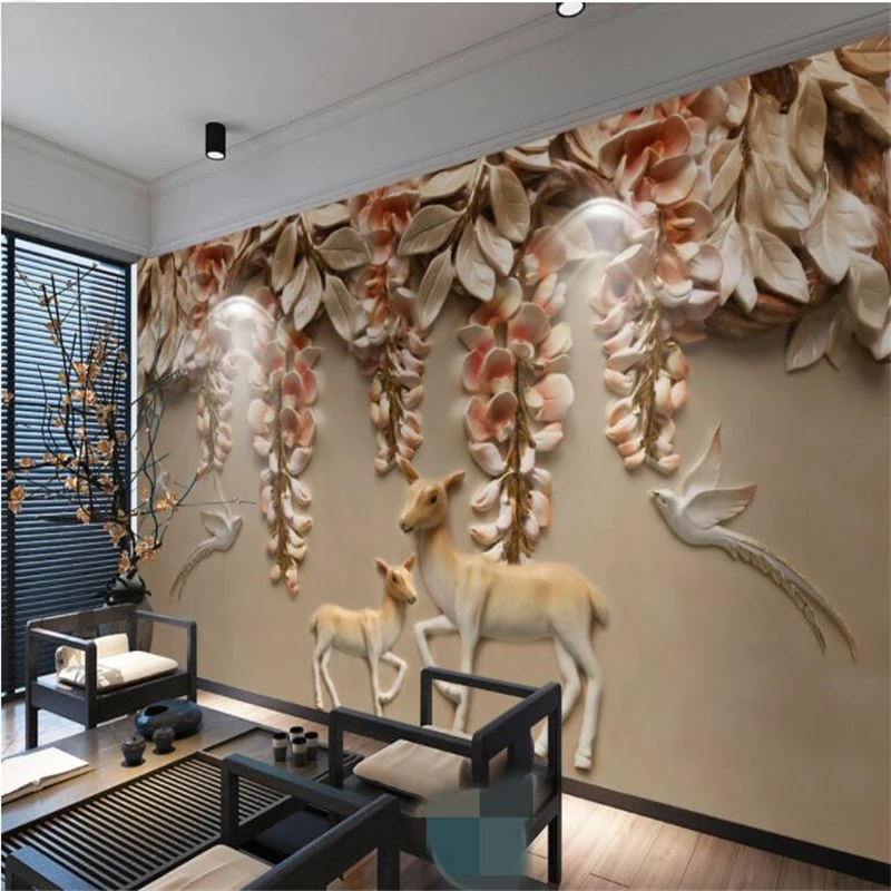 Beibehang Custom 3d Wallpaper Mural Embossed Elk Flower Bird TV Sofa Background Wall wallpaper for living room papel pintado |