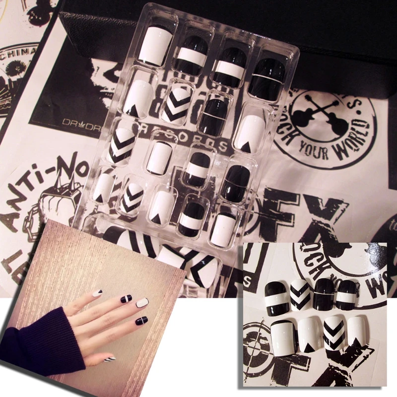 

24pcs/Set Beauty Black + White False Nails Acrylic Full Tips Nail Stickers Tool Pro