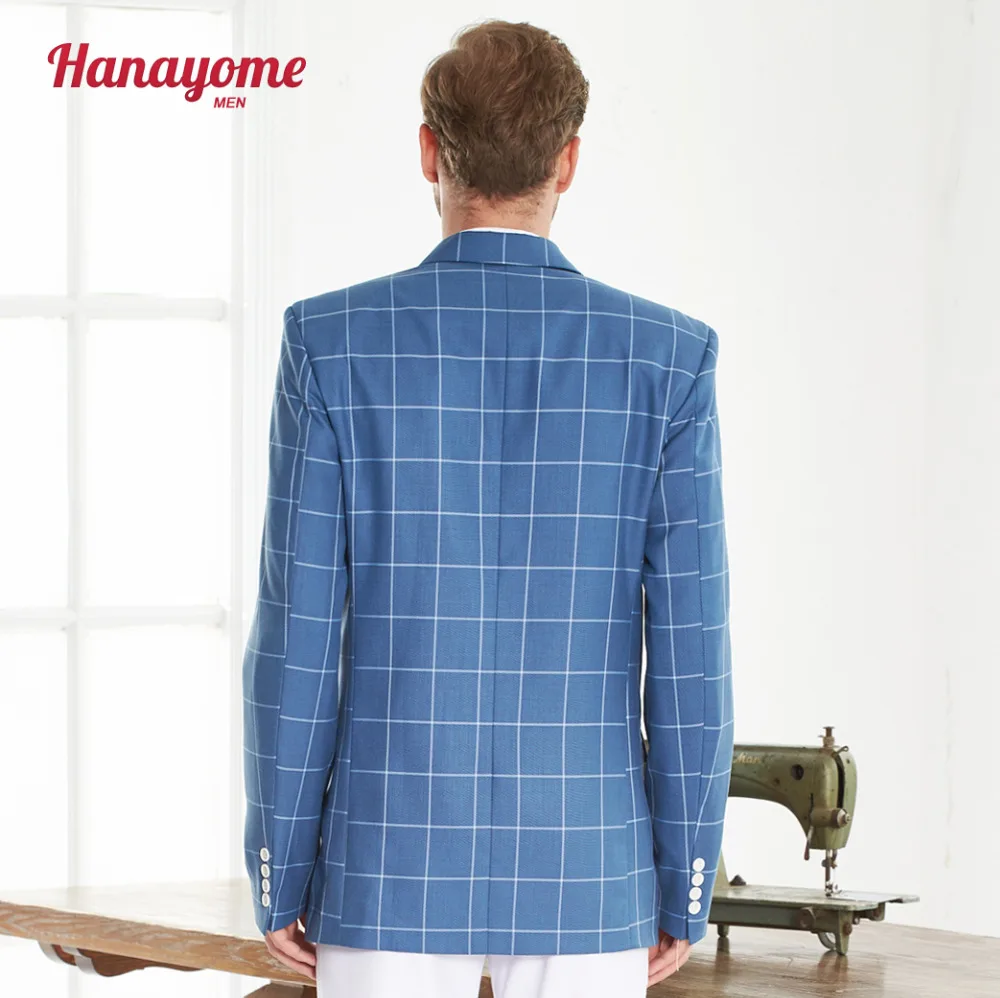 Hanayome Mens 2 Piece Silm Fit Suits 2017 Two Buttons Blue Grid Silm Fit Business Blazer Suit & Tuxedo SI117 Customize