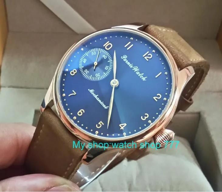 

44mm PARNIS blue dial 17 jewels Asian 6497/3600 Mechanical Hand Wind movement men's watch Rose gold case Mechanical watch 323A