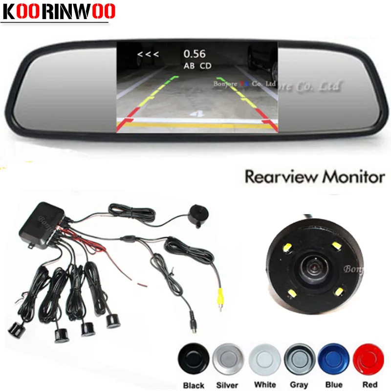 

Koorinwoo Car Parking Sensors Buzzer Speaker 4 Radars 4 Lights Rear View Camera 4.3 inch TFT Mirror Monitor Black/Silver/white