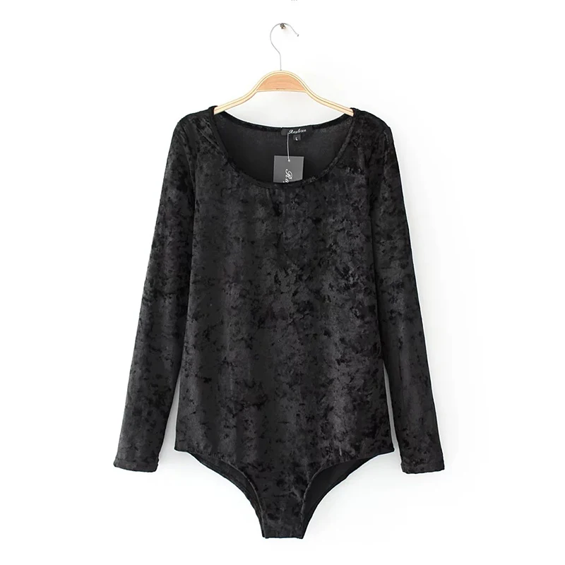 Solid Women Bodysuits O Neck Female Clothes Velvet Jumpsuit For Women Spring Female Bodysuit With Long Sleeve Women Clothing S-L (3)