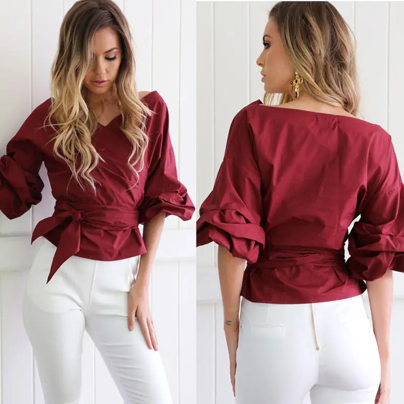 

2017 Summer Puff Sleeve White Blouse with Belt Women Sexy V Neck Woman Shirt Elegant Plaid Tops Formal Clothing for Office lady
