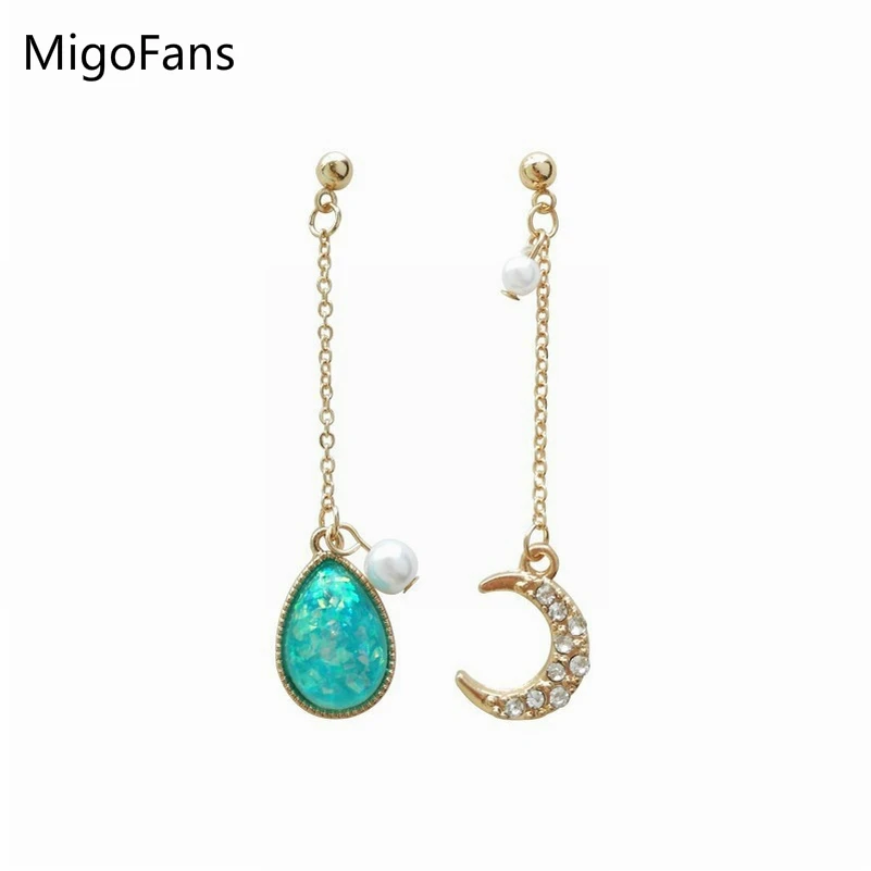 

Korean Style Long Chain Shinny Mint Blue Water Drop Asymmetric Dangle Earrings Cubic Zircon Moon Gold-color Drop Earrings
