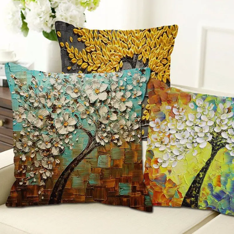 

45cm*45cm Pillow Case Cover Three-Dimensional Trees Cushion Flowers Home Textiles Supplies Oil Painting Tree Cotton Linen