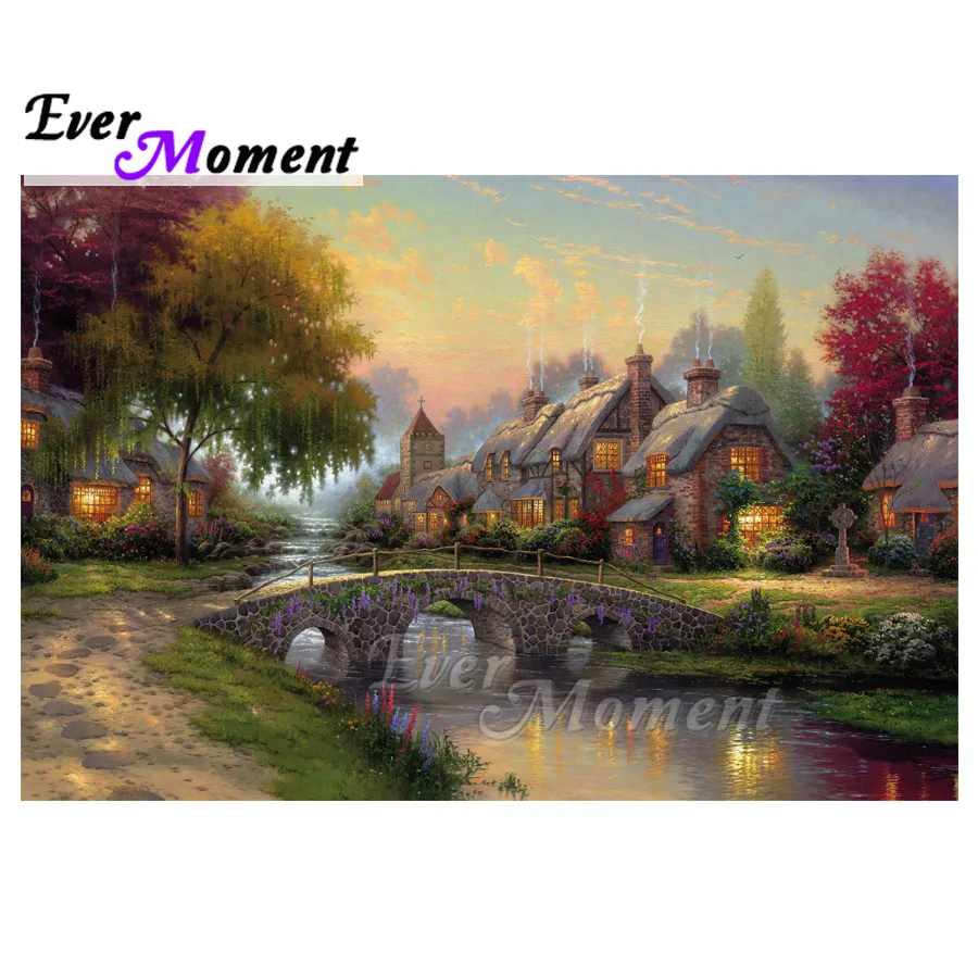 Алмазная картина Ever Moment 5D DIY пейзаж дом мост река мозаика украшение для дома Алмазная вышивка Декор 3F938