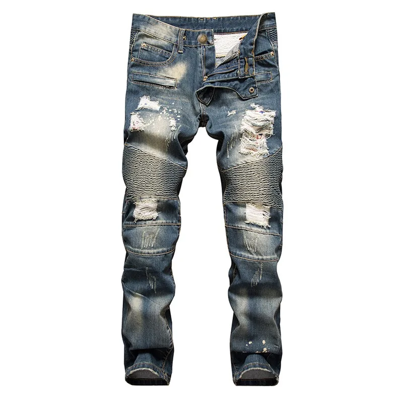 

High Quality Tie-dyed Hole Denim Biker Jeans For Men Large Size 40 42 Retro Straight Slim Pants Jeans