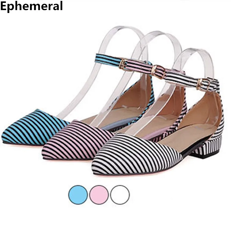 

Lady United nude Elegant Striped Buckle Strap Sandalias Shoes Cover Heels Pointy Low Heel Plus size 34-43 Women Pumps Red Bottom