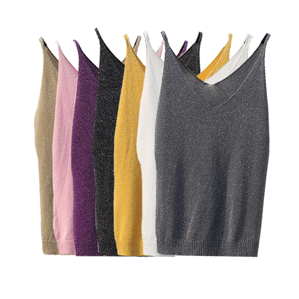 

Crop Tops Women 2019 Sexy Knitted Tank Tops Gold Thread Top Vest Summer Camisole Women White Tank Top Fitness Femme T shirt
