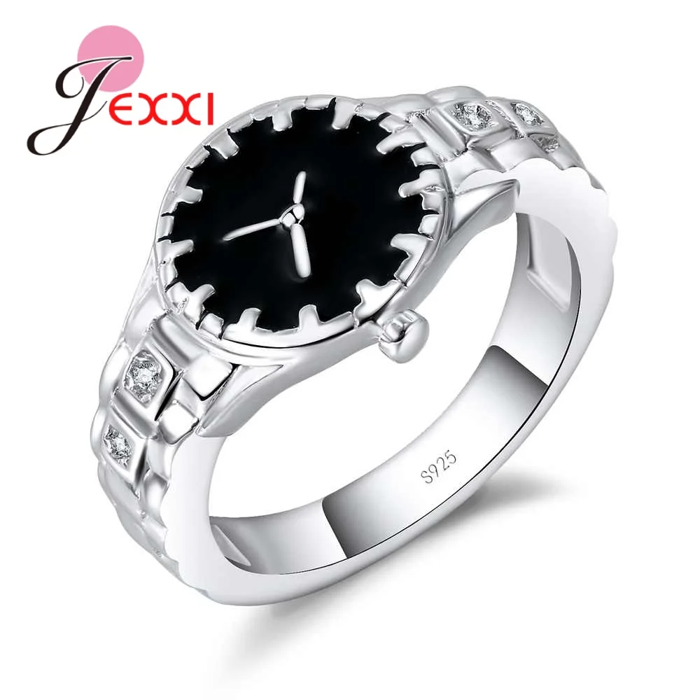 

JEXXI Unique Design Watch Shape Punk Style 925 Silver Rings For Woemn And Men Cubic Zircon Engagement Party Finger Ring Jewelry