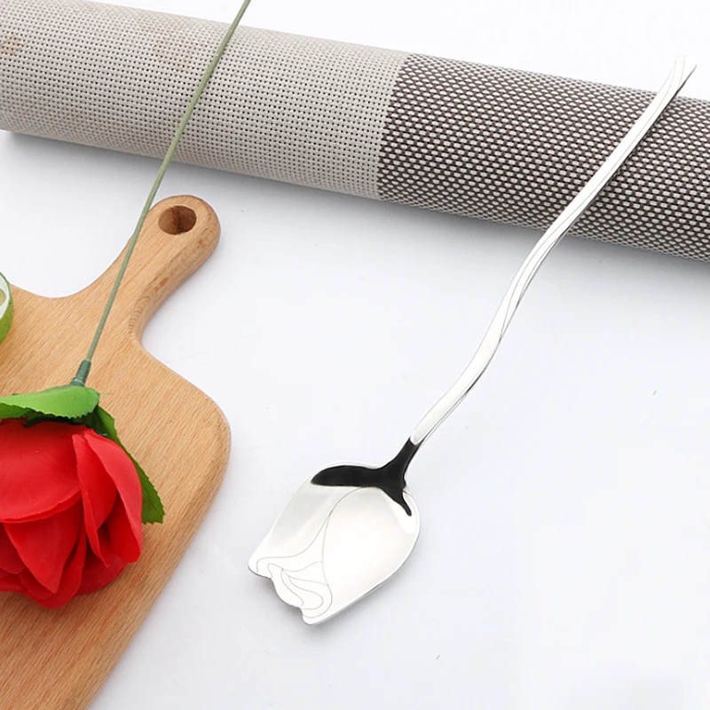 Tableware 1PCS Mirror Dinner Rose Shaped Lovers Delicate Flatware Spoon Valentine's Day Stainless Steel Polishing