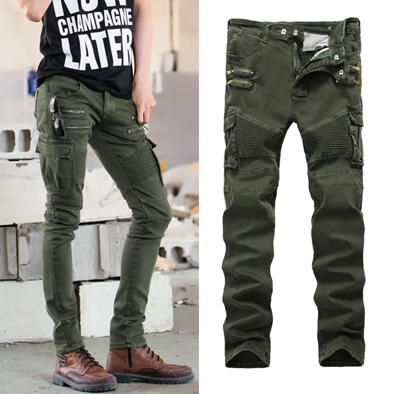 Lguc.H New Men's Multi pockets Patchwork Army Green Jeans Pant Slim Fit Fashion Cool Straight