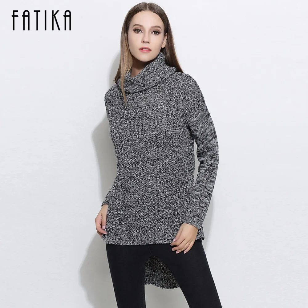 

FATIKA 2017 Winter New Fashion Women's Pullover Long Sleeves Turtleneck Front Short Back Long Split Casual Loose Knitted Sweater