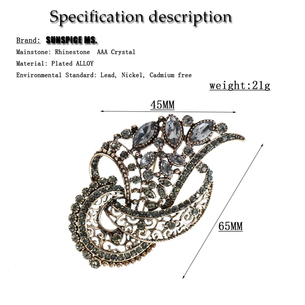SUNSPICE MS, модная брошь в виде цветка с серым камнем для женщин, античное золото, с кристаллами, на лацкане, на шарф, на булавке, турецкое украшение
