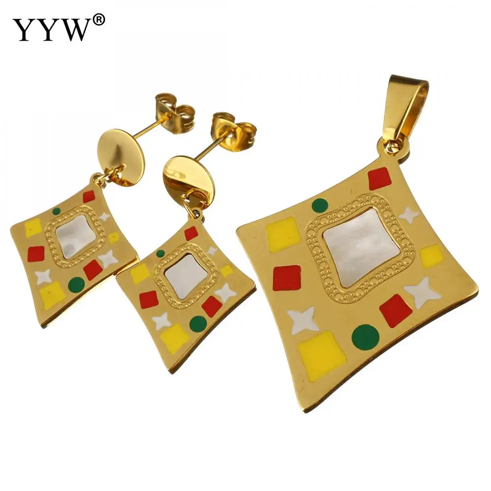 

Jewelry Set Pendant & Earring With White Shell Rhombus Gold Color Stainless Steel Stud Earring Charm Pendants For Women Jewelry