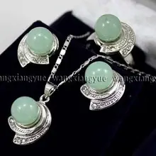Мода настоящий зеленый нефрит круглые бусины серьги и кольцо и ожерелье кулон набор AAA