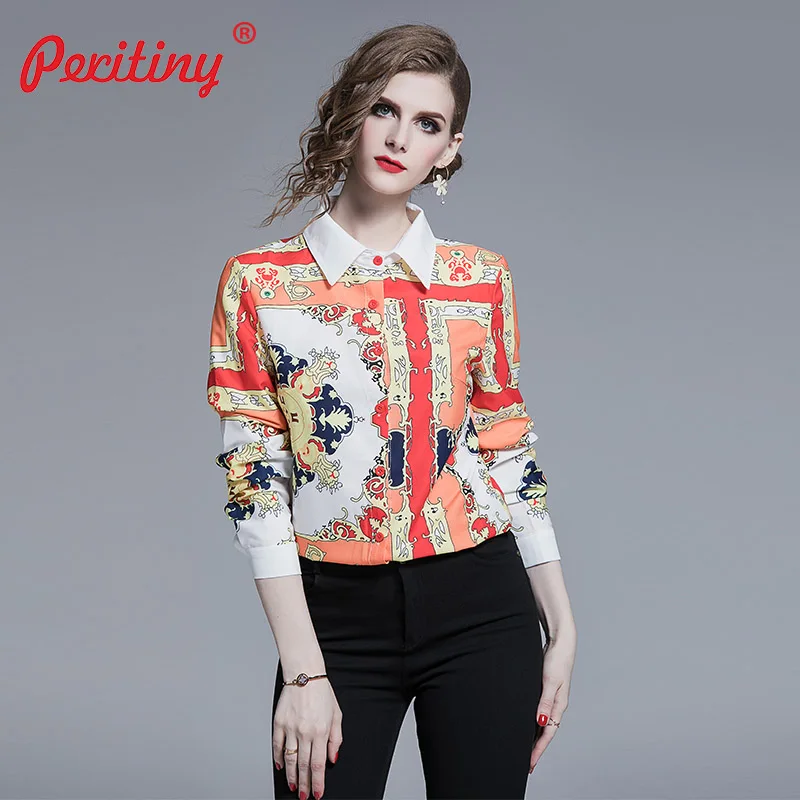 

Peritiny Women's Summer Blouses 2019 Turn-Down Collar Long Sleeve Shirt Women Floral Print Tangerine Elegant Ladies Blouses