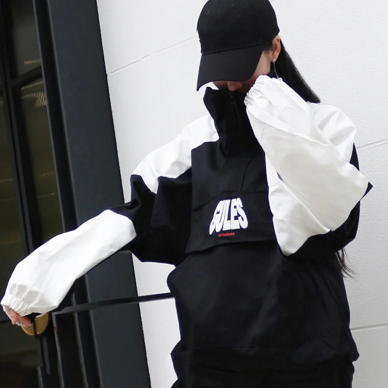 Manteau Hip Streetwear Plus Bf La Roulé Hop Les Patchwork blanc Noir Pour Femelle Taille Lâche Veste Unisexe Mode Col Amateurs Harajuku De BqHYU