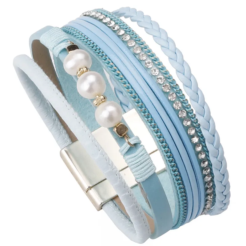 Amorcome плетеные кожаные браслеты для женщин, Модный кристалл, натуральный жемчуг, широкий многослойный браслет, Женские Ювелирные изделия - Окраска металла: Blue