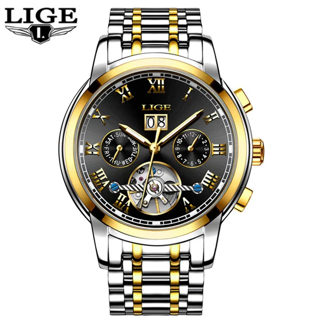 LIGE часы для мужчин Бизнес водонепроницаемые часы для мужчин s часы брендовые Роскошные модные повседневные спортивные механические наручные часы Relogio Masculino - Цвет: gold black steel
