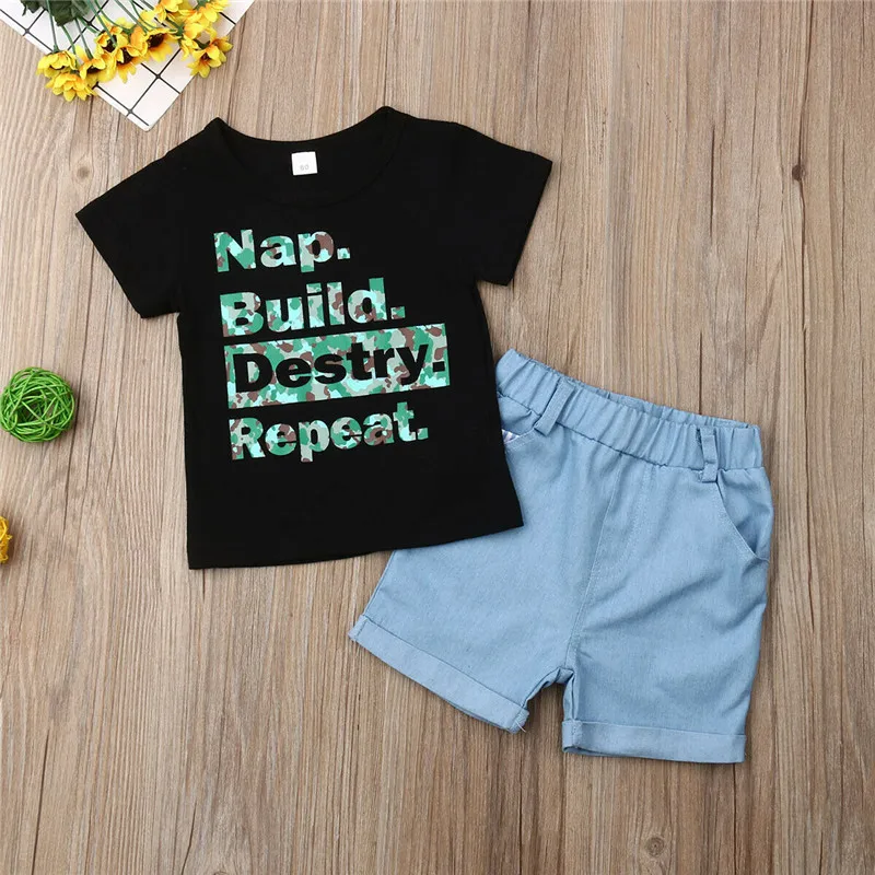 

Kids Baby Boys Summer Clothing Sets Casual Short Sleeves Letter T-shirt Tops Denim Shorts Pants with Pocket 2Pcs Outfits 1-7Y