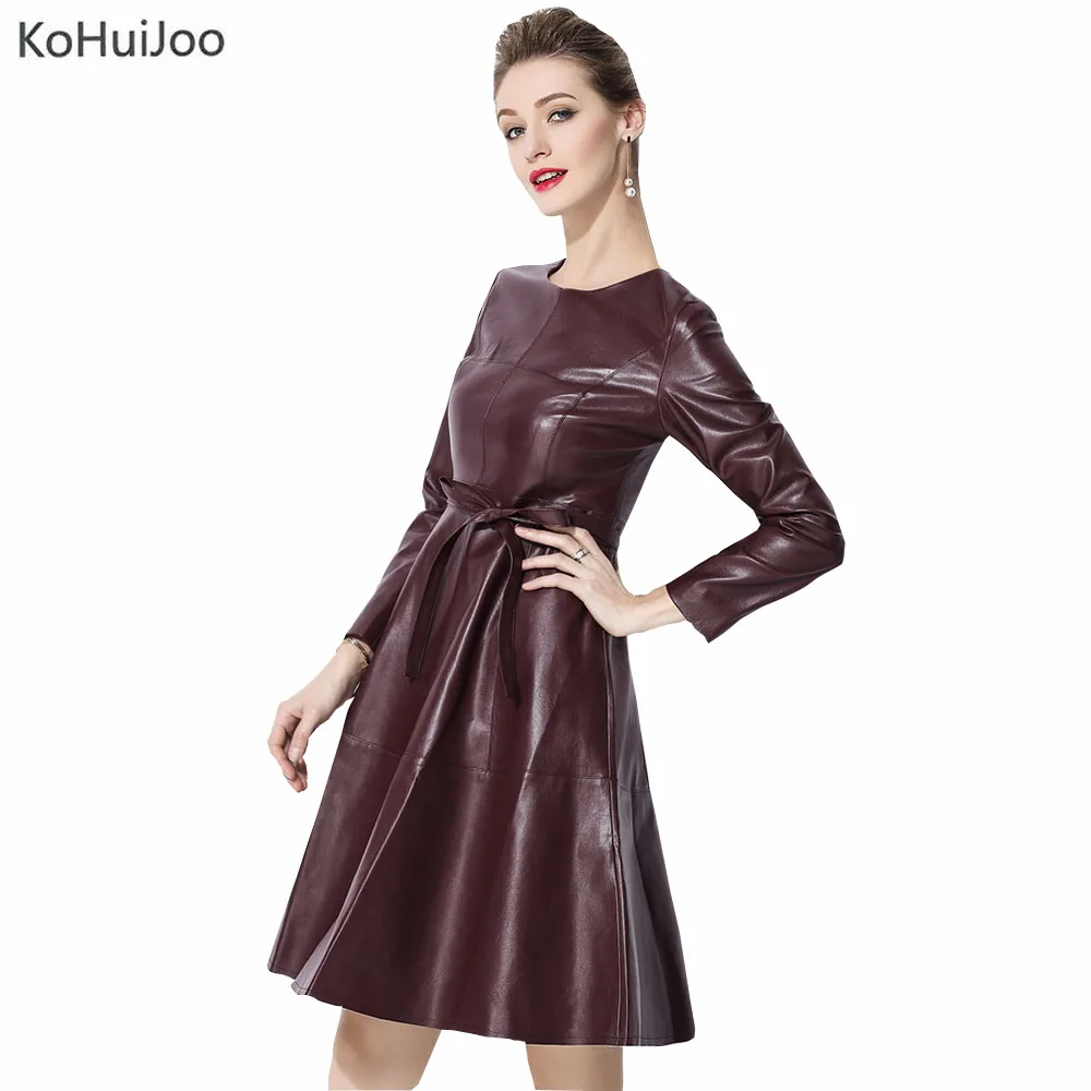 

KoHuiJoo Spring Autumn Women Faux Leather Dress Plus Size Sexy O Neck PU Leather Dress Ladies Elegant Clothing Blue Green Yellow