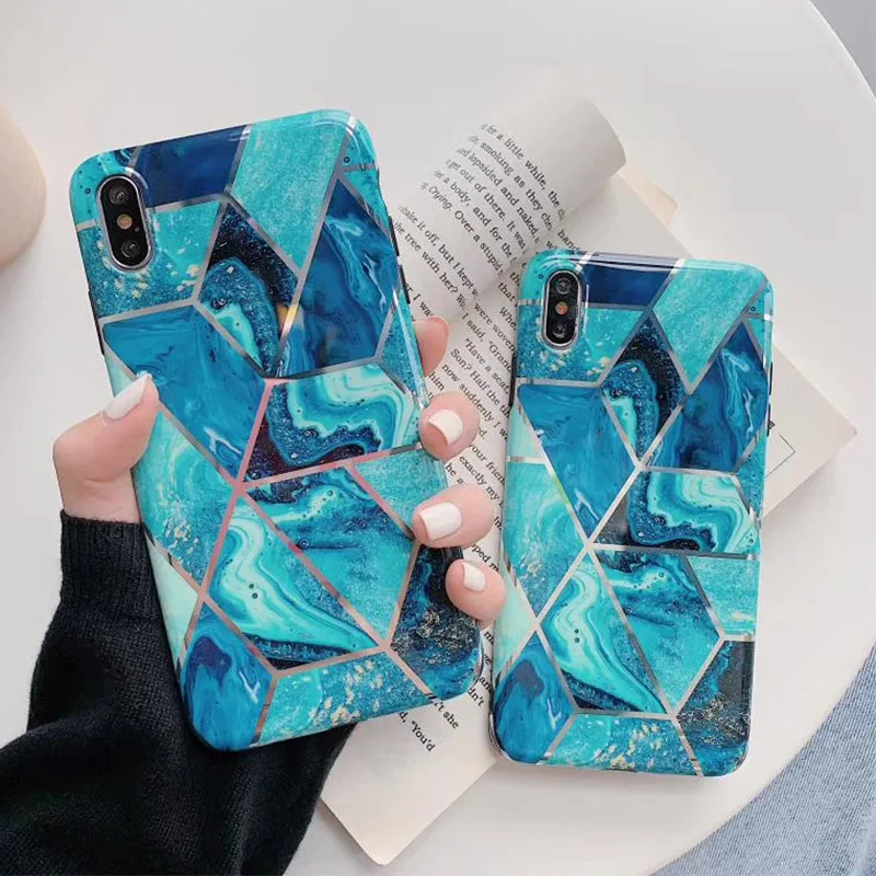 

Luxury Gold Plating marble Case For iPhone XS MAX XR X blue glossy case for iphone 7 8 6 Plus Soft TPU Silicone Full Cover Caqa