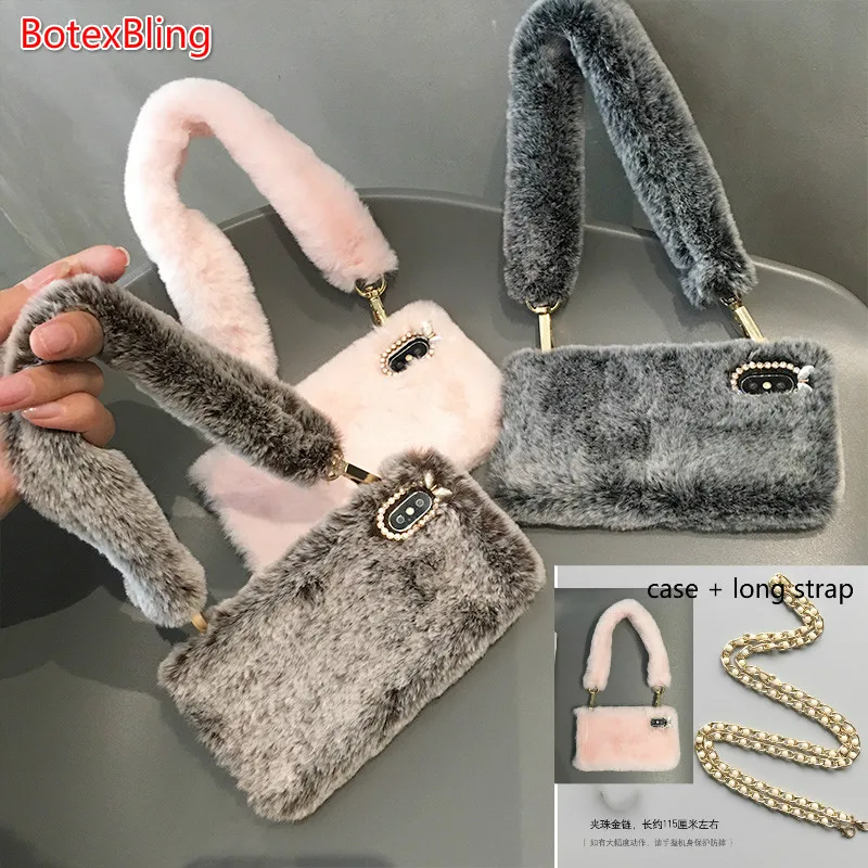 

For iphone XS MAX warm case luxury plush fluffy crossbody chain phone bag for iphone X XR 7 7plus 8 8plus 6 6s plus 6plus cover