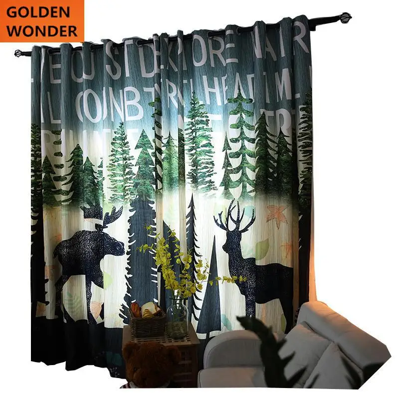 

European Style Modern Simple Customized Living Room Bedroom Curtain Children Boys Shading Cotton Drapes Deer Printing