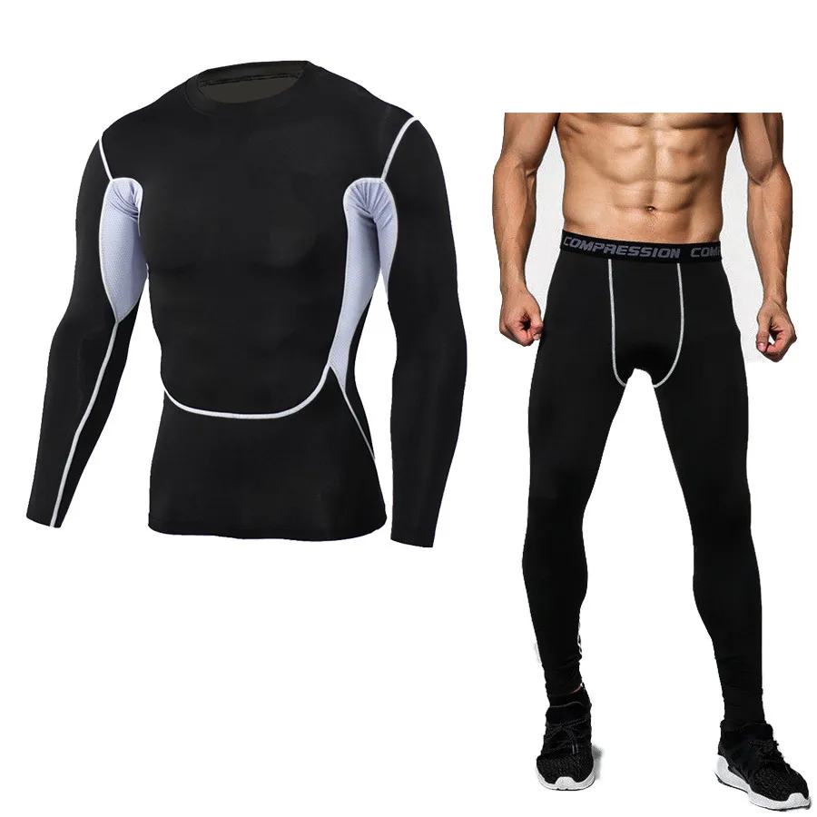 

2018 Mens Compression Set Running Tights Workout Fitness Training Tracksuit Long Sleeves Shirts Sport Suit Large Size