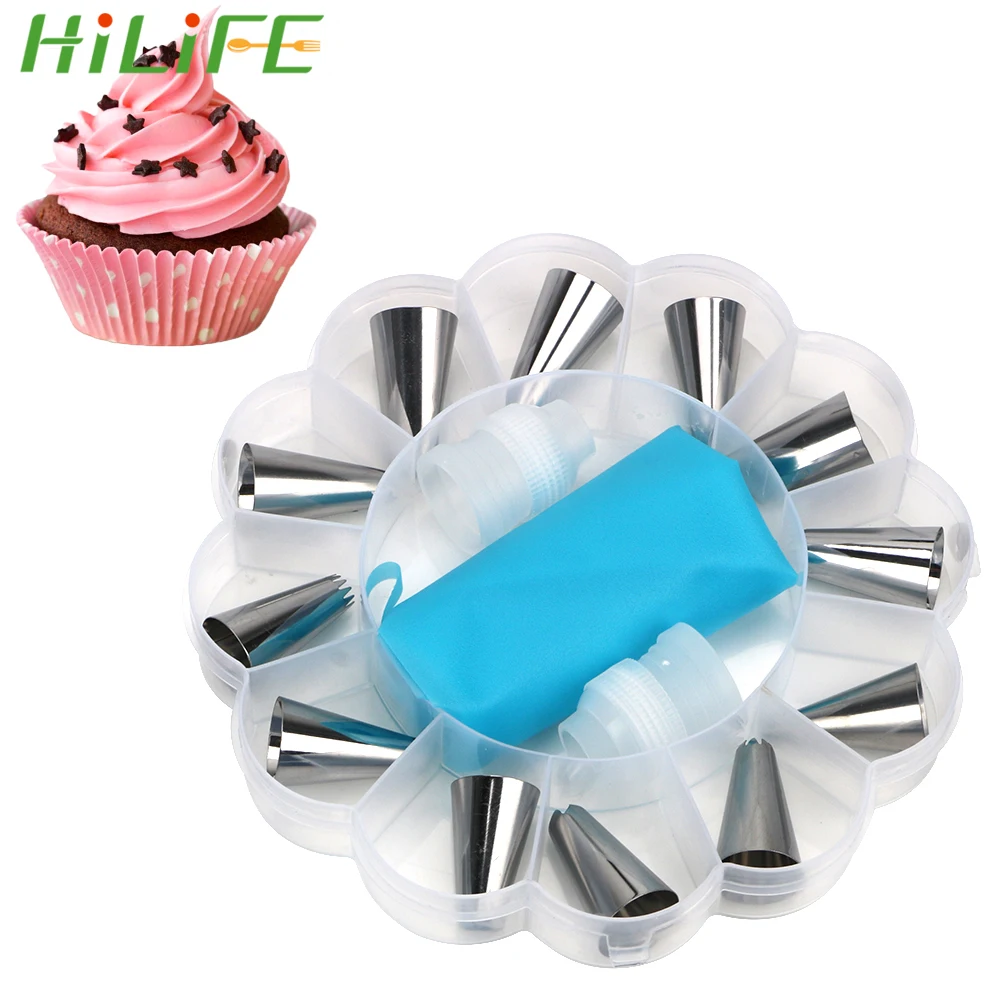 

HILIFE 15Pcs/Set Russian Icing Piping Tips Stainless Steel Nozzle Set DIY Cake Decorating Tool Silicone Cream Pastry Bag