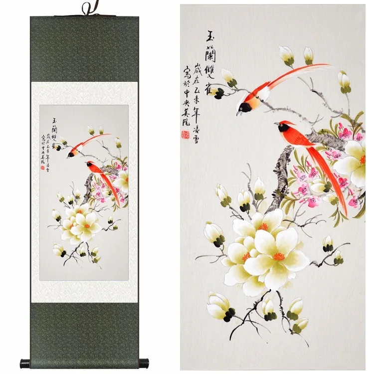 

Chinese Silk traditional ink watercolor flower birds Magnolia art canvas wall picture feng shui damask framed scroll painting