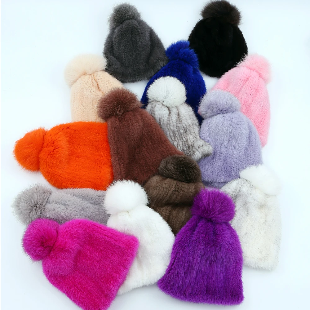 Beste 100% echte nerts bont hoed vrouwen winter gebreide mink fur mutsen cap met vossenbont pom poms 2017 brand new dikke vrouwelijke cap Elastische
