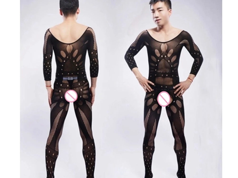 

2017 Men's transparent open fork leakage JJ body stocking breathable wrapped conjoined organic whole fishnet stockings