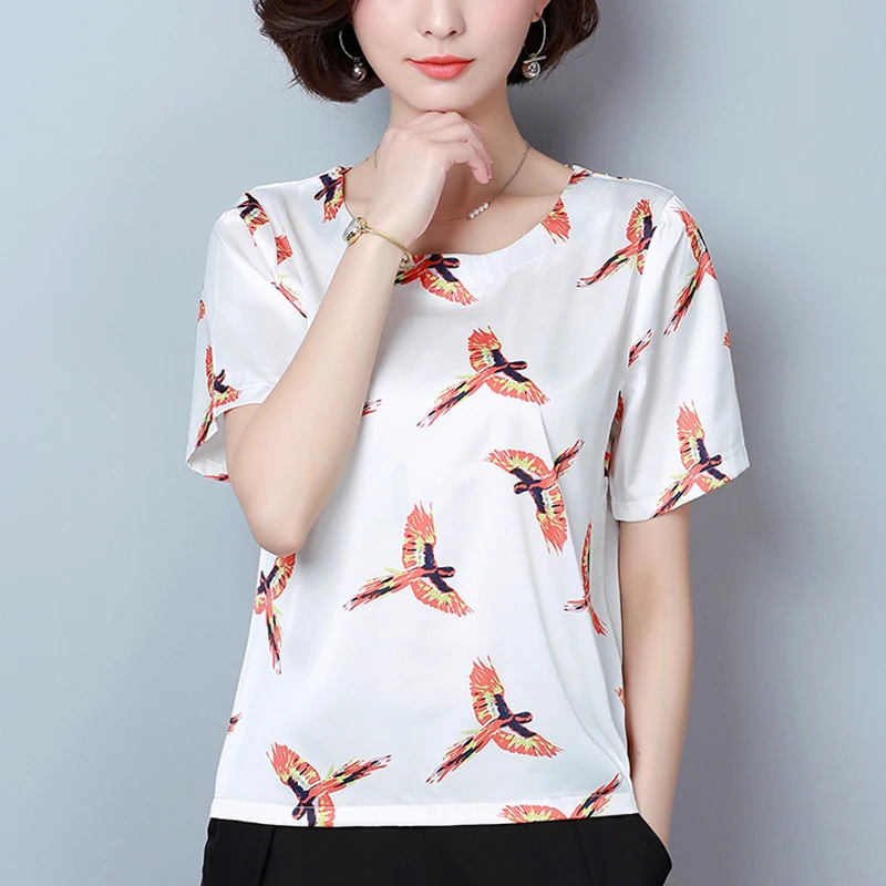 

Plus Size Women's Clothing 2019 Summer New Short Sleeve Women Blouse O-Neck Bird Print Lady Chiffon Shirt Loose Fashion Causal