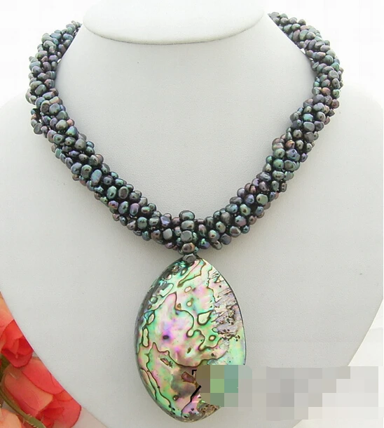 

huij 003883 6Strds Black Pearl&Abalone shell Pendant Necklace-Cameo Clasp