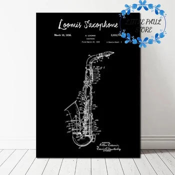 

Abstract Musical instrument Saxophone Jazz Patent Vintage Black Blueprint Art Canvas Poster Wall Picture for Room No Frame