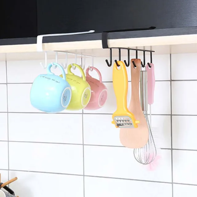 Cheap 6 Hooks Cup Holder Hang Kitchen Cabinet Under Shelf Storage Rack Organiser Iron Multifunctional Kitchenware Shelf Cabinets 1PC