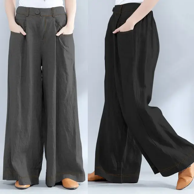 US $12.95 Women's Trousers 2020 ZANZEA Plus Size Wide Leg Pants Fashion Woman Elastic Waist Baggy Pantalon Pa