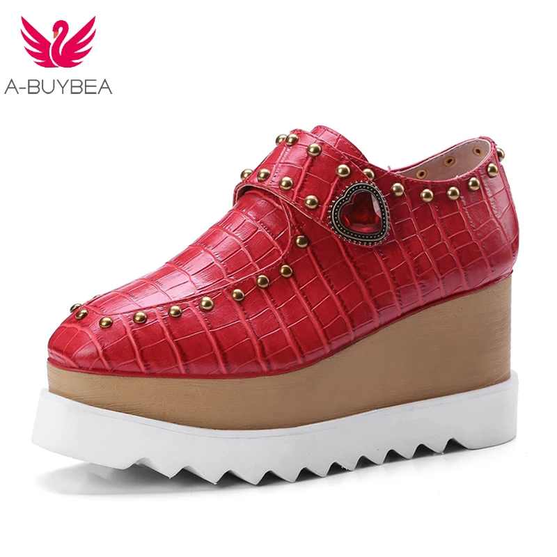 

A-BUYBEA 2018 New Casual shoes Genuine Leather Sexy Rivet flatform shoes Cow Leather Spring Autumn Flat Heel Height Shoes