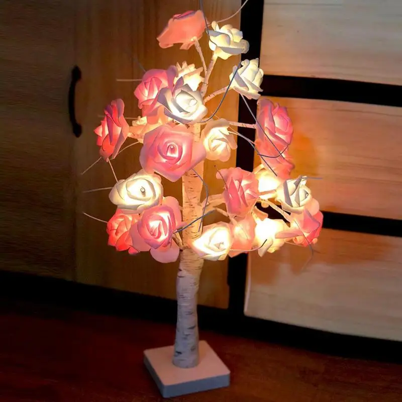 

Tree Rose Table Lamp LED Garland Lights Romantic Pink Rose Flower Desk Light Wedding Bedroom Event Party Home Decor