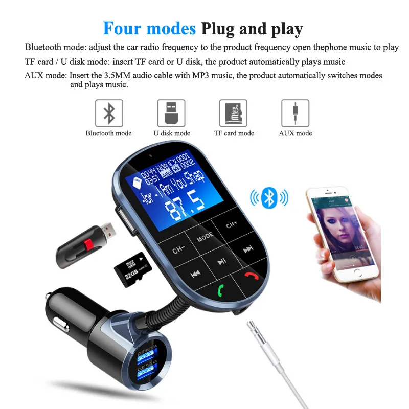 YASOKRO FM передатчик Aux модулятор Bluetooth Handsfree автомобильный комплект аудио MP3 плеер с 1,44 ЖК-дисплеем двойной USB Автомобильное зарядное устройство