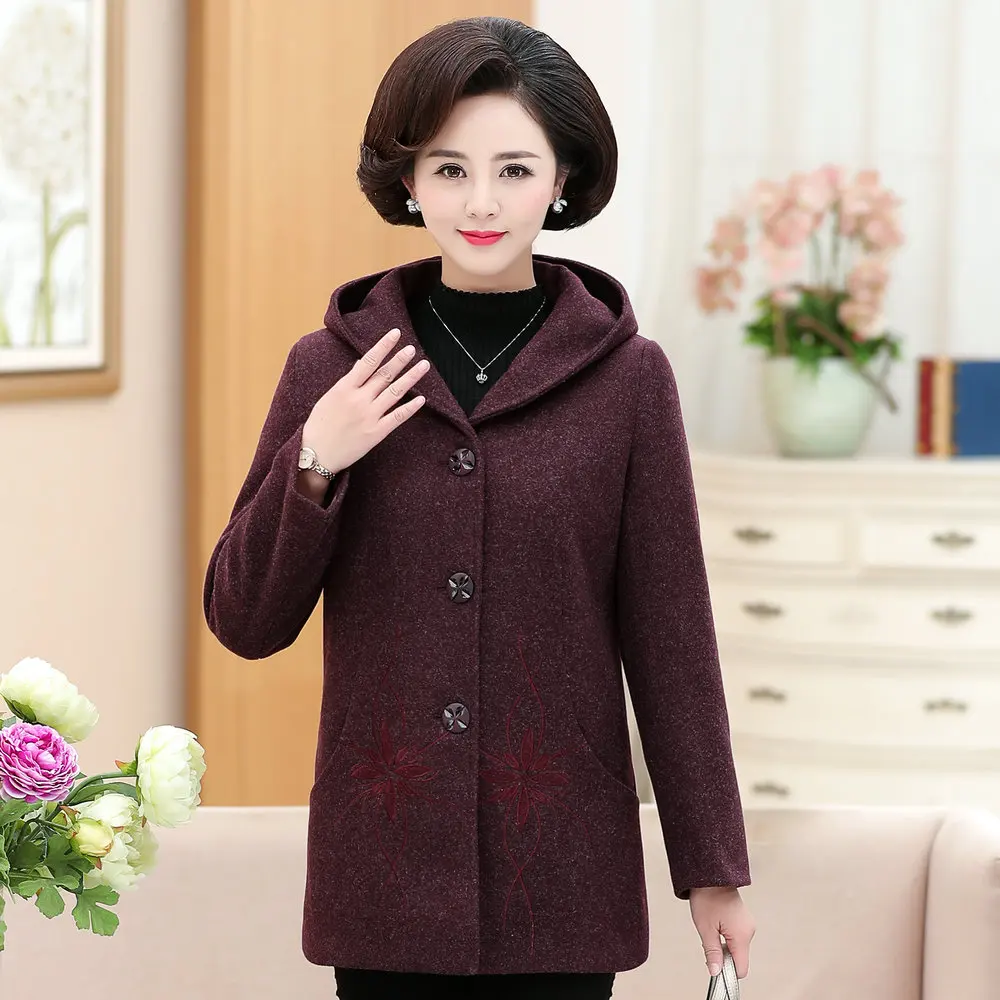 Women Winter Wool Blend Hooded Coats Female Flower Embroidery Tweed Overcoat Woman Elegant Thicken Quilted Hood Tweed Outerwear