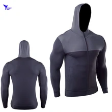 Новые мужские Быстросохнущий полиэстер с капюшоном куртки для бега с длинным рукавом на молнии толстовки для бега тренажерный зал спортивная фуфайка эластичные майка